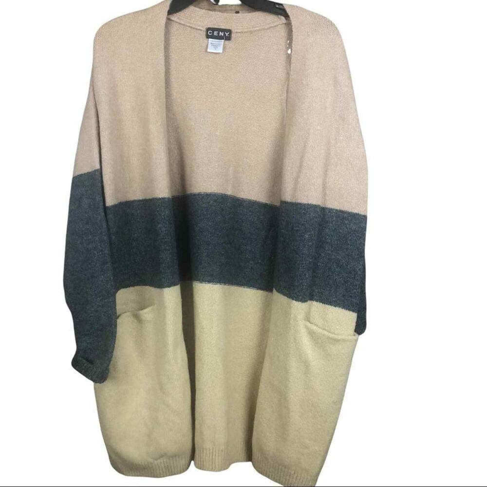 CENY Women’s Cardigan M Tan Gray Colorblock Open Front Pockets NWOT